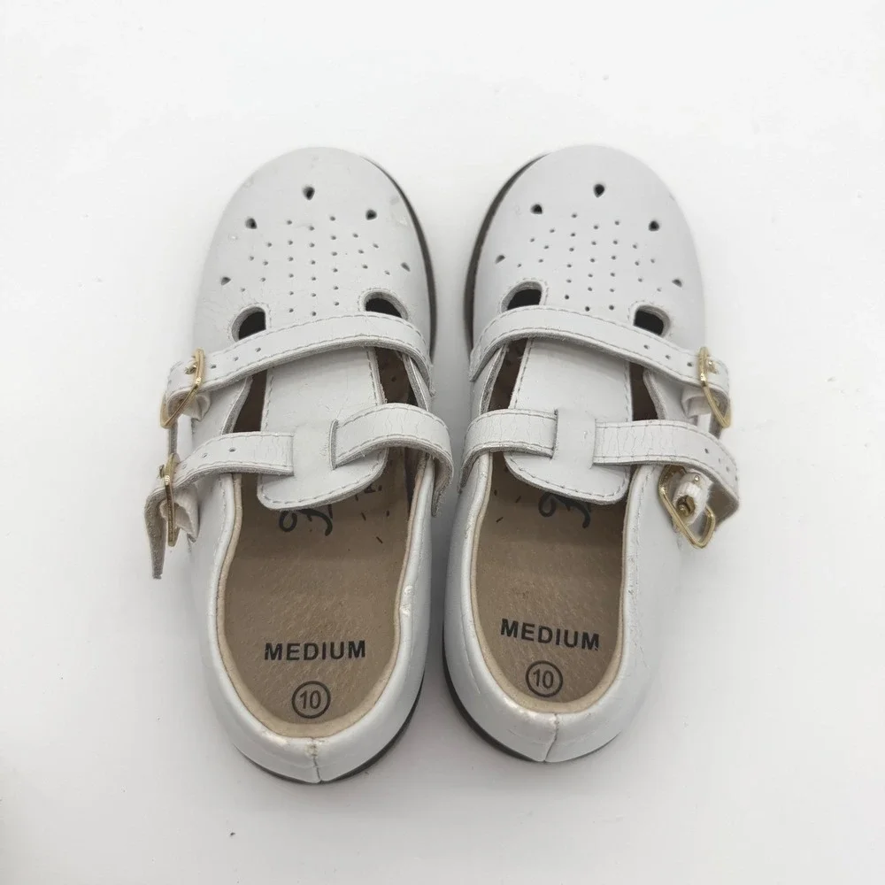 Footmates Mary Jane Kids 10 White Leather T-Strap Double Buckle Perforated Shoes